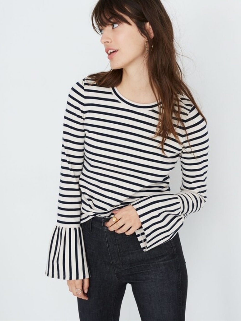 Madewell Stripe Play Ruffle Cuff Crew Neck Top Nautical Small Cream